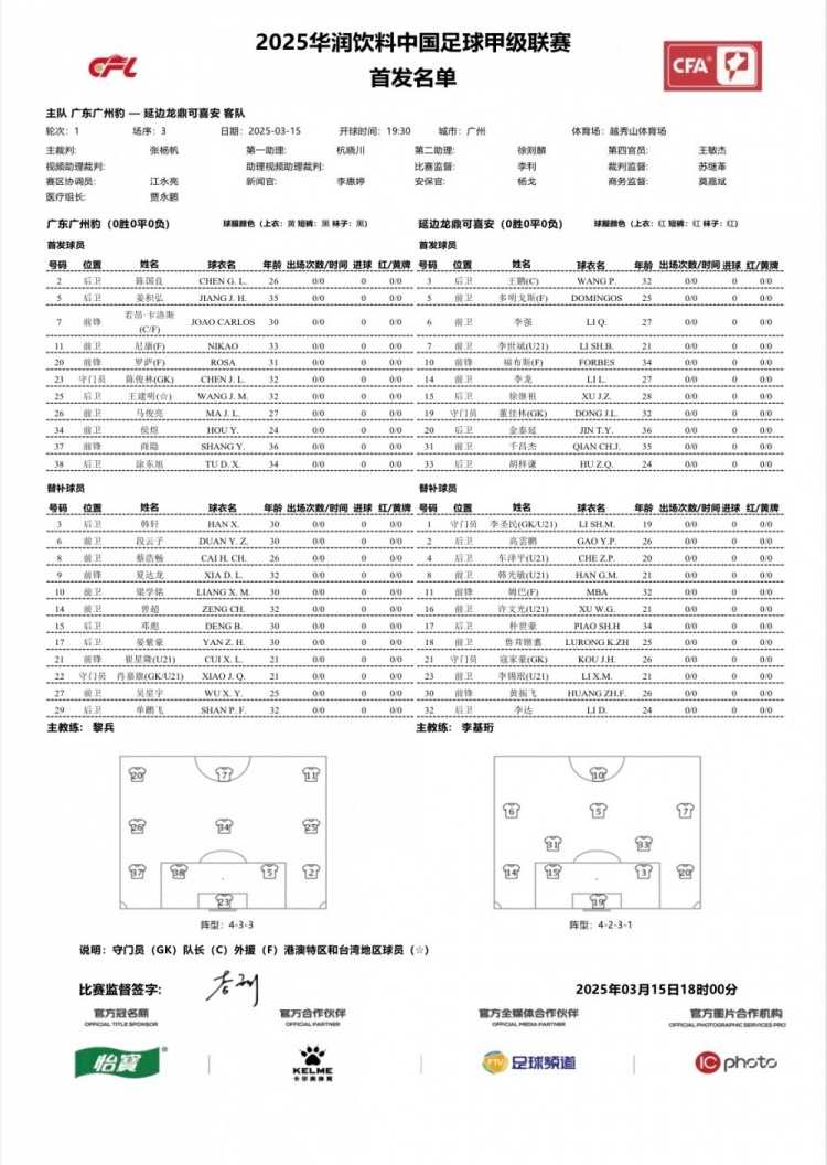 廣州豹vs延邊龍鼎首發(fā)：卡洛斯、羅薩、尼康三外援領銜廣州豹