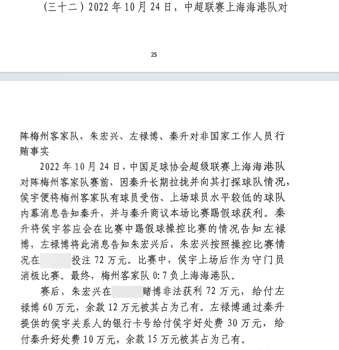 網(wǎng)傳判決書：梅州0-7海港，梅州守門員侯宇收30萬好處費消極比賽