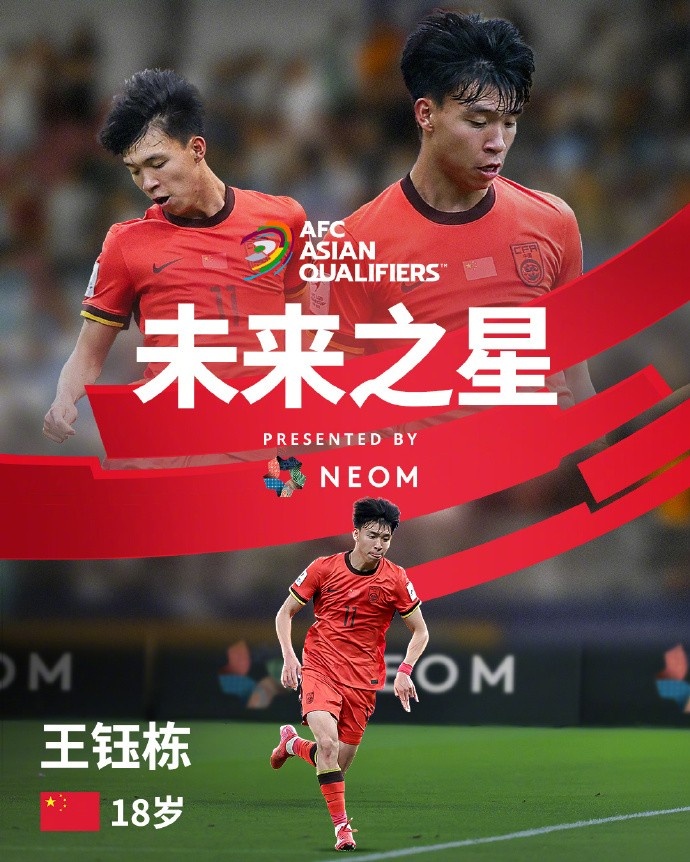 亞洲杯官方社媒發(fā)布王鈺棟個人海報：青年軍的旗幟，飄揚在前哨